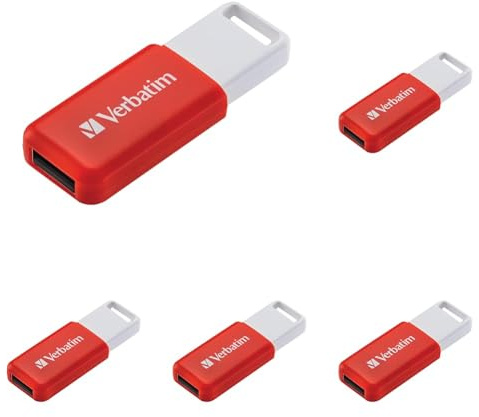 Verbatim DataBar USB Stick, kompakter Speicherstick mit 16 GB Datenspeicher, portabler USB 2.0 Memory Stick in Rot, ideal für Laptop, PC und Notebook (Packung mit 5)