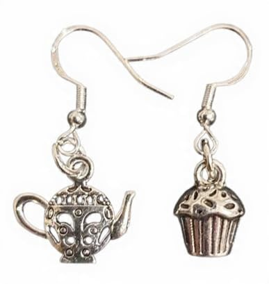 Royal Swan Mismatched, Antique Silver Filigree Teapot with a Cupcake Dangle Earrings on Hallmarked Sterling Silver Hooks in a Velvet Gift Bag. Tea & a Bun Cake Themed Food Earrings.
