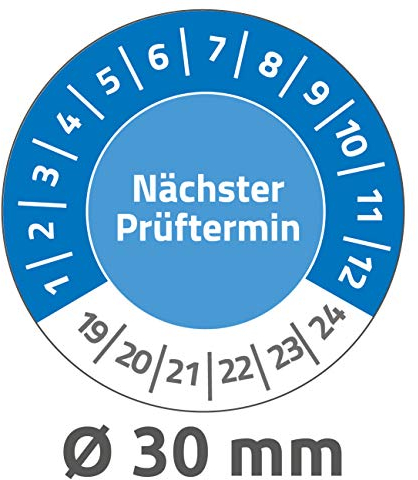AVERY Zweckform 6988 widerstandsfähige Prüfplaketten Nächster Prüftermin 2019-2024 (stark selbstklebend, Kleinformat, Ø 30 mm, 80 Aufkleber auf 10 Blatt) blau