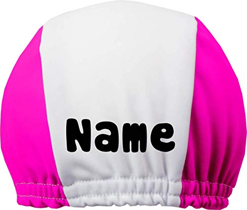 Zweifarbige Badekappe für Kinder und Erwachsene mit Ihrem Wunschtext oder Name/Fb. Pink-Weiss/Gr. 2 (ab 7 ahre)
