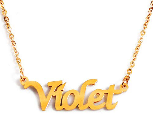 Kigu Violet Name Necklace Personalised 18ct Gold Plated, Custom Dainty Name Pendants, Jewellery for Ladies, Girlfriend, Mother, Sister, Friends Inc Bag & Box