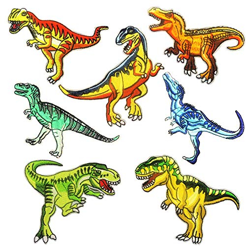 Dinosaur Iron on Patches Woohome 7 PCS Dinosaur Theme Logo Series Iron on Patches DIY Sew Decoration Appliques Stickers for Jeans Jacket, Clothing, Caps, Repair The Hole