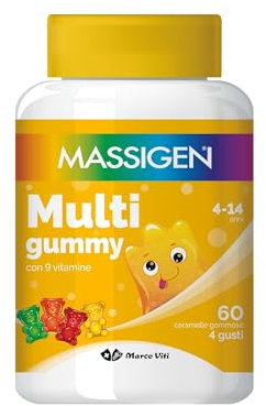 Massigen - Multi Gummy, Multivitaminico per Bambini 4-14 Anni, Vitamine Gommose con Vitamina A, C, E, D, B6, B12 e Acido Folico, 60 Caramelle, Quattro Gusti, Senza Glutine e Lattosio