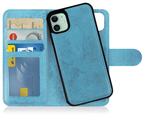 MyGadget Flip Case für iPhone 11 - [ abnehmbare Magnet Hülle ] - Handyhülle aus Kunstleder - [ Klapphülle mit Kartenfach ] Schutzhülle in Hellblau