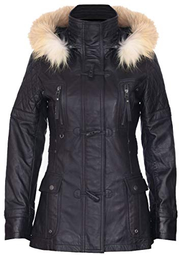 Women's Quilted Leather Parka Jacket with Detachable Hood