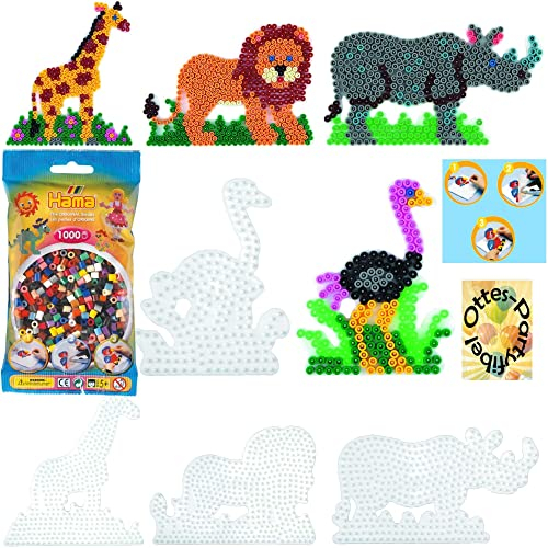 HHO Bügelperlen-Bastel-Set midi - Tiere #10: 4 Stiftplatten + ca. 1000 Perlen, Vollton, Farbe gemischt, Kunststoff, Rund, Bastel-Set