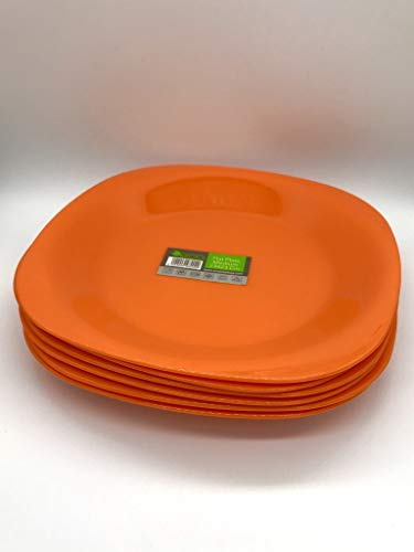 ECO 4 Pc Unbreakable Flat 23 x 23 cm Orange Round Plastic Plates | Medium Bright Flat Kids Plates | Stackable Plastic Plates Reusable for Birthdays, Picnic, BBQ & Parties (Orange, Medium)
