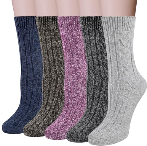 Chalier Finery 5 Paia Calze Invernali di Lana da Donna, Calzini Termiche Spesse da Donna, Morbidi ed Elastici, Regalo di Natale per il Compleanno da Donna