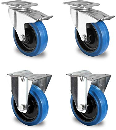 Rollensatz 2 Lenkrollen mit Feststeller + 2 Bockrollen 100 mm Elastik Blue Wheels