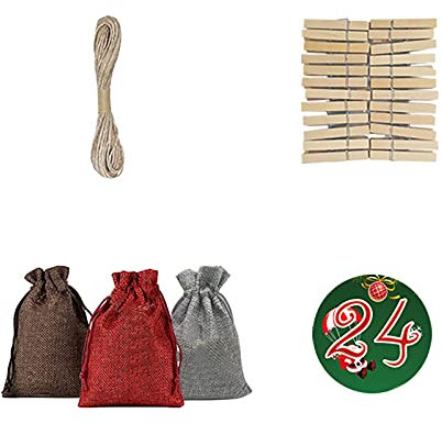 FNKDOR Adventskalender zum Befüllen -24 Leinen Stoffbeutel, Weihnachten Geschenksäckchen mit Zahlen Aufkleber, 24 Holzklammern und 10m Jute Hanfseile, Weihnachtskalender Weihnachtsdeko (Stil#6)