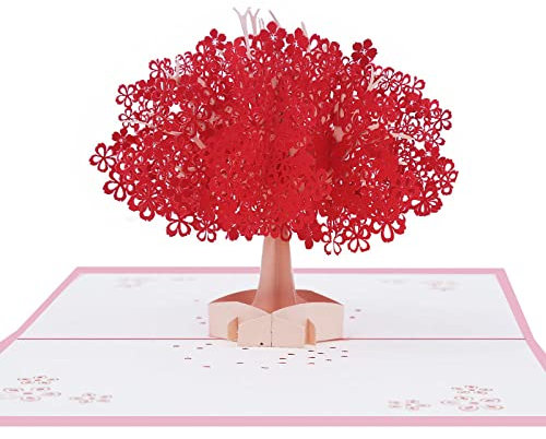 LZHLMCL Geschenk Grußkarte Dreidimensionale Papierskulptur Rot Romantische Kirschblüte 3D Dreidimensionale Grußkarte Kirschbaum Kartenbaum