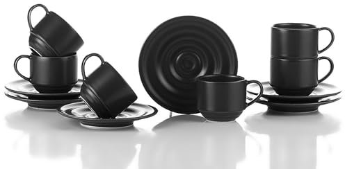 Kütahya Porselen 12-teiliges Kaffeetassen Set aus Porzellan | Kaffee Geschirrset für 6 Personen | Rundes und Modern Design Tassen & Untersetzer | Spülmaschinenfest (Anthrazit, 12 Teile Set)