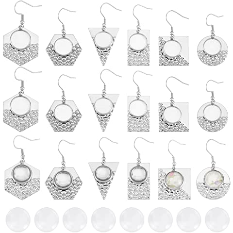 CHGCRAFT 24 Stück 6 Stile Ohrringe Drahthaken Rohlinge 12 mm Edelstahl Lünette Tabletts mit runden Klarglas-Cabochons Fassung Ohrringrohling für DIY Schmuckherstellung