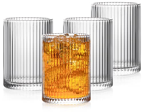 POLIDREAM Premium Trinkgläser Set 4er, 280ml Cocktailgläser Set, Origami-Stil Longdrinkgläser, Geriffelte Gläser für Eiskaffee, Bier,Wasser, Saft, Mojito, für Familie, Camping, Party