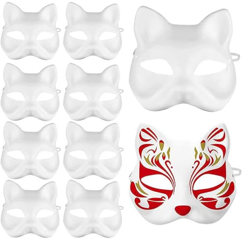 LUKIUP 10 Stück DIY Weiße Katze Maske, Tiermaske Maske, Halloween Theathermaske zum Bemalen Unbemalt Masken für Kinder Erwachsene Karneval, Fasching, Party Cosplay