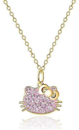 Hello Kitty Sanrio Damen-Halskette mit Anh nger, mit Kristallen, 18 kt vergoldet, Sterlingsilber, offizielles Lizenzprodukt, Sterling Silber, Kristall
