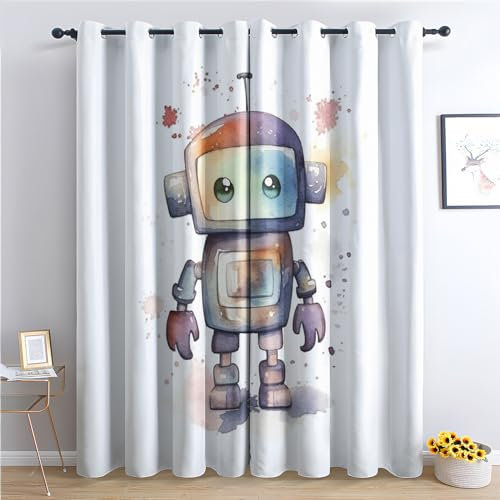 Vorhänge Roboter, Verdunkelungsvorhang 2er Set - Vorhang Blickdicht Kinder Jungen Mädchen Muster, Thermovorhang für Deko Wohnzimmer Schlafzimmer Kinderzimmer, Gardinen mit Ösen 137x117 cm (HxB)