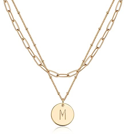 Jenosy Layering Kette Damen Kette mit Buchstaben Personalisierte Kette mit Namen Zarte Buchstaben Kette Gold 18K Vergoldete Kette mit Runder Plättche Anhänger Modeschmuck für Damen und Mädchen