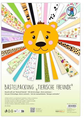 Ursus 7750099 - Bastelpackung, Tierische Freunde, 26 Blätter, 23 x 33 cm, Tonzeichenpapier, Fotokarton und Motiv-Fotokarton in verschiedenen Stärken, Farben und Motiven