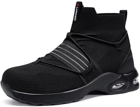 LARNMERN Zapatillas de Seguridad Sin Cordones Calzado de Seguridad Puntera de Acero Zapatos de Trabajo Colchón de Aire Cómodos Ligeros Zapatos Seguridad Transpirable (Negro, 42EU)