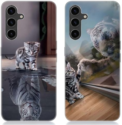 DiaryTown 2 Stück Samsung Galaxy A15 5G / 4G Hülle Tier Muster Motiv Handyhülle Weich TPU Silikon Schwarz Case Kratzfest Stoßfeste Schutzhülle Ultra Dünn Cover für Galaxy A15 - Katze & Tiger