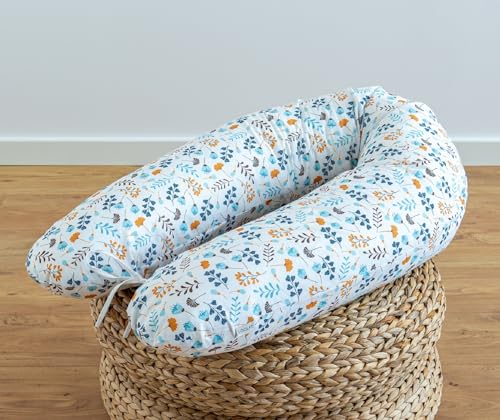 LOOLAY Schwangerschaftskissen - Stillkissen 170 cm - Seitenschläferkissen 100% Baumwolle - mit Abnehmbarem Bezug - Schwanger Kissen für Schlafen (Turkis-gelb Blumenwiese)
