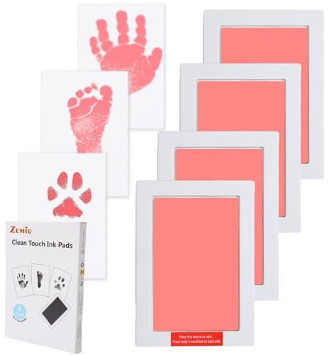 Zemiu Handabdruck und Fußabdruck Baby Abdruckset,Handabdruck Baby Ideale Größe bis zu Baby 0-18 Monaten 10cm x 15cm, 4 Pcs Clean Touch Stempelkissen für Neugeborene/Baby Shower-Rosa