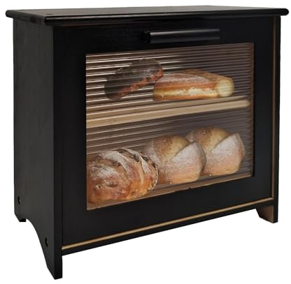 ODEDEN Black Bread Bins for Kitchen, Double Bread Box Large Capacity Bread Storage, Wooden Bread Bin for Kitchen Counter