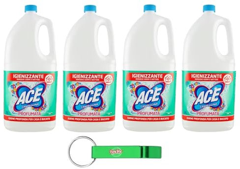 4x Ace Candeggina Profumata Casa & Bucato,igienizza superfici e bucato in profondità,Flacone da 3Lt + Portachiavi Beni Culinari in Omaggio