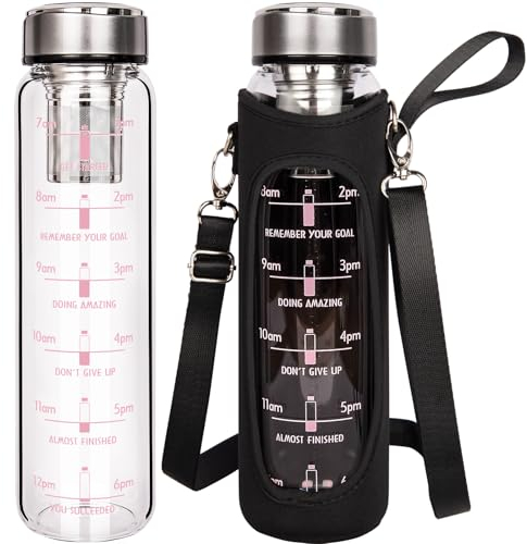 DEARRAY 1l Trinkflasche Glas mit Sieb to Go, 1000ml Teeflasche für Losen Tee, 1 Liter Flasche mit Filter für Cold Brew Kaffee, Bpa Frei Glasflasche