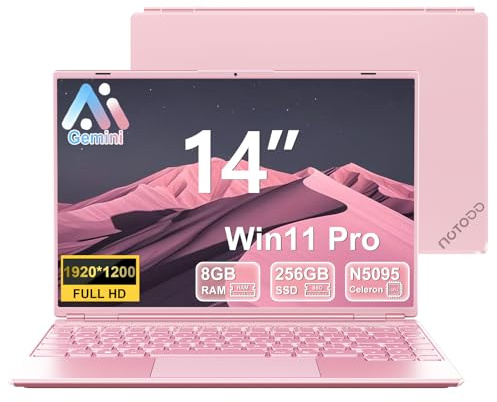 NOTODD PC Portatile 14 Pollici 8+256GB SSD Supporto Estensione 1TB,4 core Celeron N5095 (fino a 2,9 GHz), Laptop Win11 con 5G WiFi 1920x1200 BT4.2 Mouse Wireless &AZERTY Tastiera-Rosa