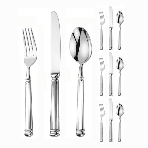 Leichter Luxus Geschmiedet Solide Römische Säule Griff Küche Edelstahl Besteck Geschirr Besteck Set Steak Messer Gabel Löffel Teelöffel (Silber,12 Stück)