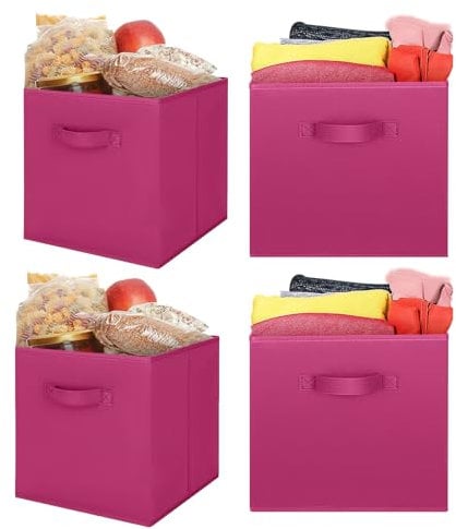 JF HOME BLISS 2 Pcs Cube Storage Box Collapsible Organizer Bin 27x27x28cm Cubes Fabric Storage Bins with Handles Open-Top Toys Box for Closet Shelves Drawer Bedroom Rose red
