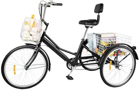 Fridgestea 24 Zoll Dreirad für Erwachsene, 3 Räder 7-Gänge Fahrrad Erwachsenendreirad Tricycle Bike mit Einkaufskorb, Klingel, Rückenlehne für Damen Herren Senioren