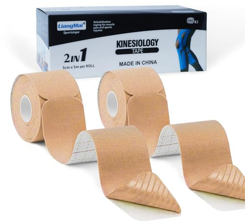 LiangMai Kinesiotapes - 2 Kinesiologie Tape Rollen (5cm x 5m) 40 Precut (je 25cm x 5cm) Sport Tapes Beige+Beige Kinesiotape vorgeschnitten, Profi Physio Tape Knie Schulter wasserfest & Hautfreundlich