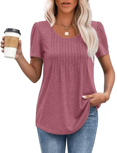 MOLERANI T Shirts for Women UK Round Neck Loose Casual Puff Short Sleeve Summer Tee Tops Front Pleated T Shirt Pink L