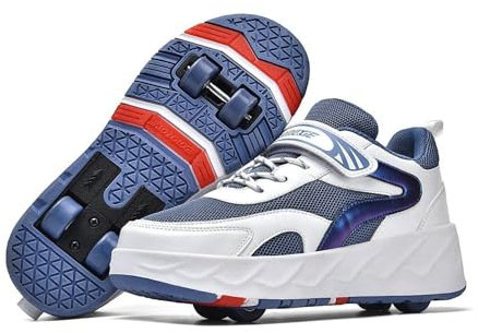 NIKSHI Schuhe mit Rollen 2-in-1-Rollschuhe, Kinderschuhe, Skateboard-Schuhe, Turnschuhe, 4-Rad-Rollschuhe, Laufschuhe, verstecktes Hinterrad,Blue-41 EU