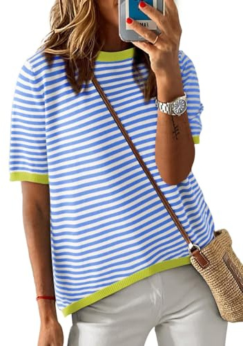 Cuptacc Tee Shirt Femme Rayure Coton Top Femme Chic et Élégant Col Rond été Manche Courte Blouse