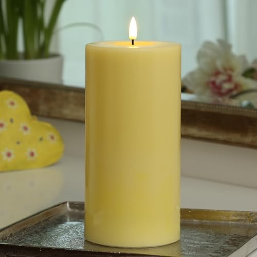 MARELIDA LED Kerze Echtwachs Deluxe Homeart Stumpenkerze mit realistischer 3D Flamme mit Wachsspiegel gelb Indoor (D: 10cm - H: 20cm)