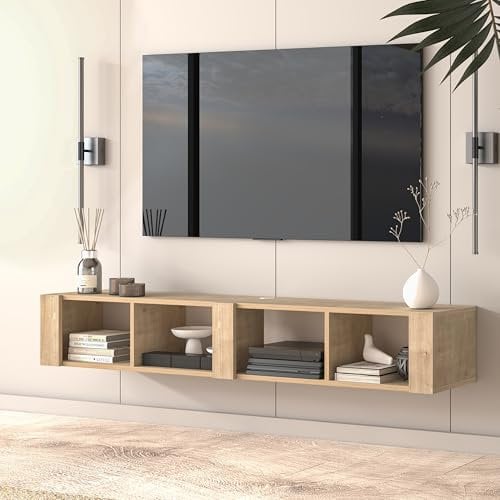 Uniqtrio Floating TV Unit, Wall Mounted TV Cabinet, Floating Shelves, Modern Entertainment Media Console Center Large Storage TV Bench for Living Room & Office & Bedroom (Oak)
