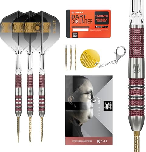 Target Darts Stephen Bunting 95K Dart-Set mit Swiss Point-Steelpoints, 18 g | K-Flex-Flights und -Schäfte, The Bullet“ Player-Edition-Darts aus 95% Wolfram, Goldfarbene DX-Ersatzpoints