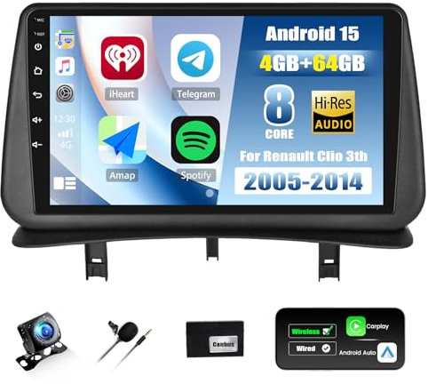 CAMECHO 4+64G 8-Núcleo 9 Android 15 Autorradio para Renault Clio 3 2005-2014 con Cámara Trasera, Qualcomm Radio con Wireless Carplay Bluetooth Android Auto FM/RDS DSP GPS WiFi +IPS Pantalla Canbus