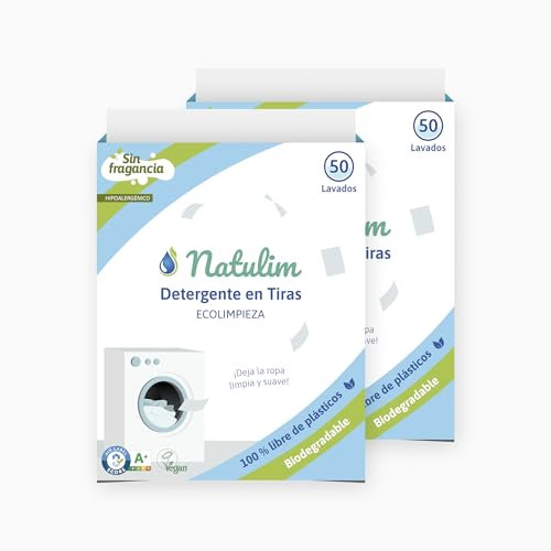 Natulim - Feuilles Lessive 100 Lavages - Sans produits chimiques - Convient aux peaux sensibles - Zéro Déchet et Sans Plastiques - Se dissout même à basse témpérature - Sans Parfum - Lot de 2