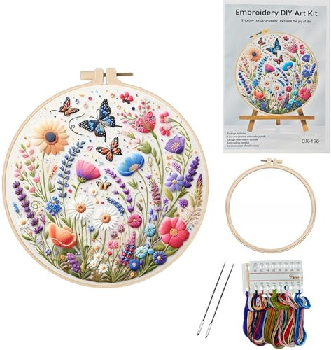 DiiWmme Sticken Set für Erwachsene Anfänger - DIY Stickrahmen Set mit Vorgedrucktem Muster (Garten Schmetterling), Komplettes Stickgarn, Nadel, Anleitung, für Wohnzimmer Dekoration