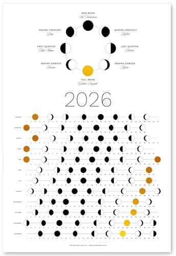 Mondphasenkalender 2026 Gold (Schiffe flach) hängbares Mond-Wandposter – ideal als einzigartiges Geschenk, Mondverfolgung, Dekor & Kunst, Astrologie – Himmelskalender für Zuhause und Büro von Thankful