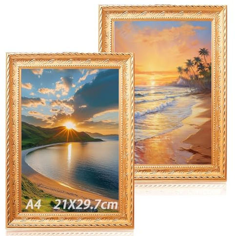 2er Set Bilderrahmen A4 Gold, 21x30CM, Leiste: 26x26MM, Vintage Rahmen mit Ständer und Wandaufhängung für Hoch und Querformat Bilderrahmen mit bruchsicherem Acrylglas für Wand oder Tischaufsteller