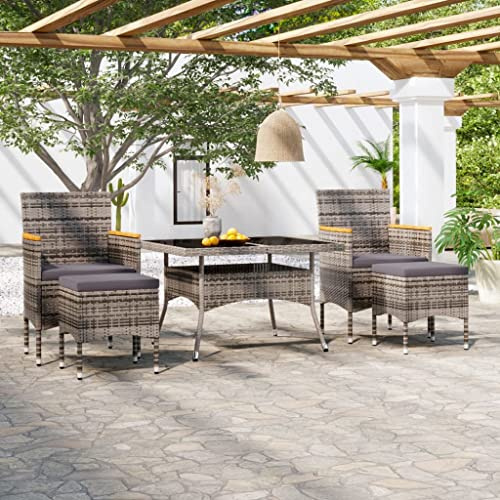 QJBSAVVA Ensemble de 5 meubles de jardin en rotin : table en verre trempé de 120 cm, 2 chaises pliantes, 2 tabourets, gris rembourré, balcon/terrasse/camping