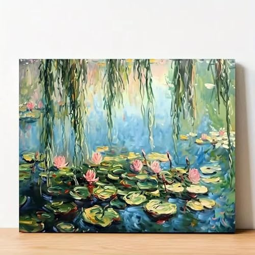 XIANGPEIFBH Tableau sur toile « Nymphéas » de Monet - Peinture impressionniste imperméable avec fleurs roses, feuilles vertes et eau bleue 20x30cm(8x12inch) Cadre interne