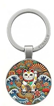 Porte-clés chat porte-bonheur japonais Maneki Neko - Porte-clés rond en métal