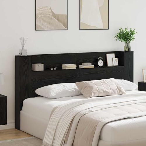 Owoxanthellate Kopfteil Schrank Schwarz Eichen-Optik 200 x 15 x 103 5 cm mit LED & USB Modernes Design Holzwerkstoff Robuste Langlebige Möbel für Schlafzimmer Jugendzimmer und Gästezimmer